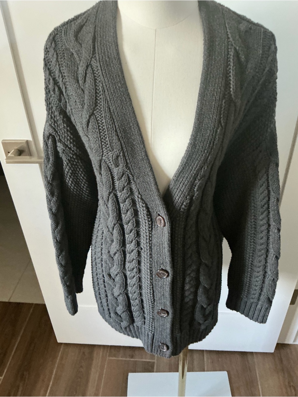 Quince Charcoal Gray Cable Knit Button-Front Cardigan